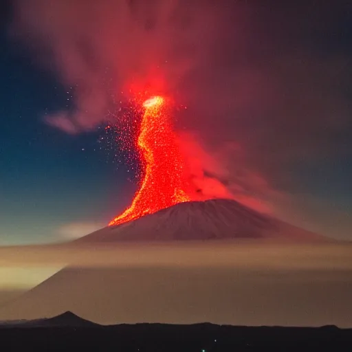 Prompt: erupting volcano surrounded by a sea of red glowing in the night