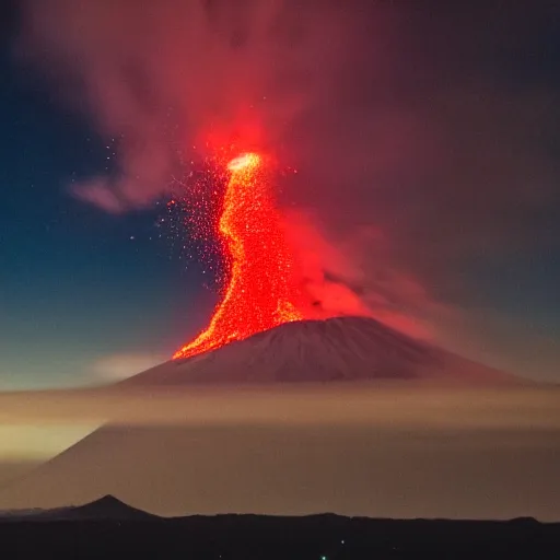 Image similar to erupting volcano surrounded by a sea of red glowing in the night