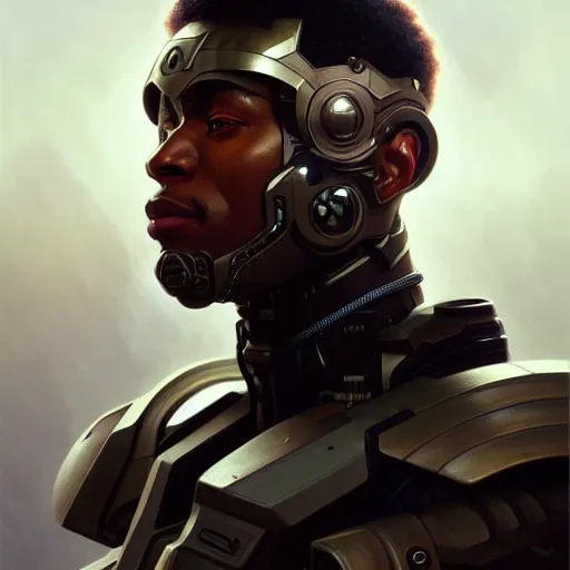 Image similar to ultra realistic illustration, a african american male cyborg soldier, intricate, elegant, highly detailed, digital painting, artstation, concept art, smooth, sharp focus, illustration, art by artgerm and greg rutkowski and alphonse mucha