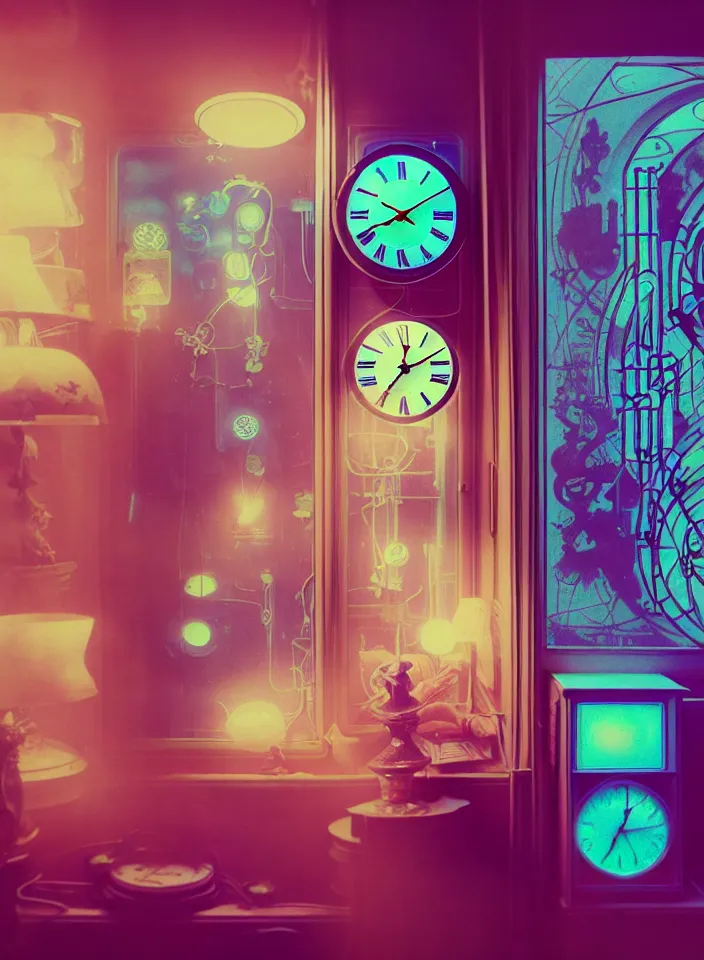 Image similar to telephoto 7 0 mm f / 2. 8 iso 2 0 0 photograph depicting the feeling of chrysalism in a cosy safe cluttered french sci - fi art nouveau cyberpunk apartment in a pastel dreamstate art cinema style. ( electric guitar ) ( ( fish tank ) ) ( ( ( clock ) ) ), ambient light.