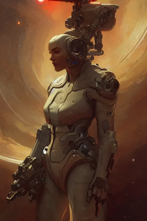 Image similar to A full portrait of a scifi heavy deep space soldier, intricate, elegant, highly detailed, digital painting, artstation, concept art, smooth, sharp focus, illustration, art by Krenz Cushart and Artem Demura and alphonse mucha