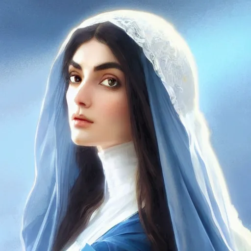 Image similar to ameera al taweel, bright blue eyes, long wavy black hair, white veil, digital painting, artstation, concept art, smooth, sharp focus, illustration, ArtStation, art by artgerm and greg rutkowski and alphonse mucha and Edmund Blair Leighton