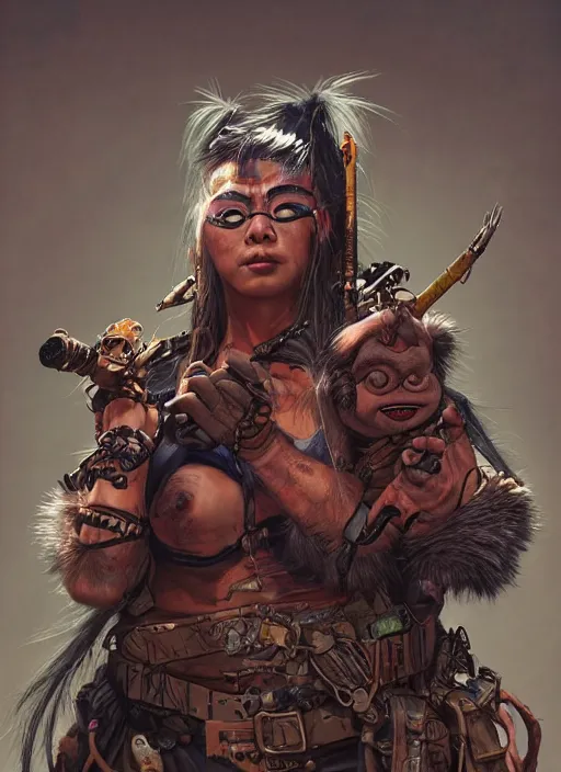 Image similar to hyper realistic photography portrait of postapocalyptic cyberpunk asian cyborg tribal warrior amazon cinematic, muppet show, brom, mucha, moebius juan gimenez artstation, cgsociety