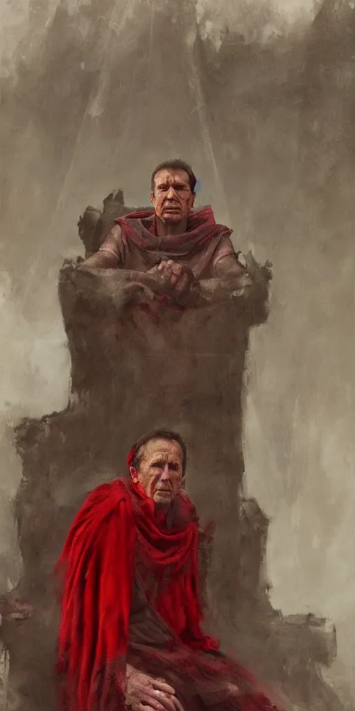 Image similar to the end is near. a tired julius caesar is sitting on his throne. face is highly detailed. splices of red are running down his toga. mist. color scheme red. low angle medium shot. imagined by jeremy lipking