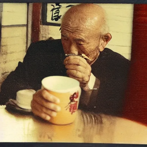 Image similar to An oldman, smoking, in a bar, Chinese Painting, Polaroid, Wide Angle