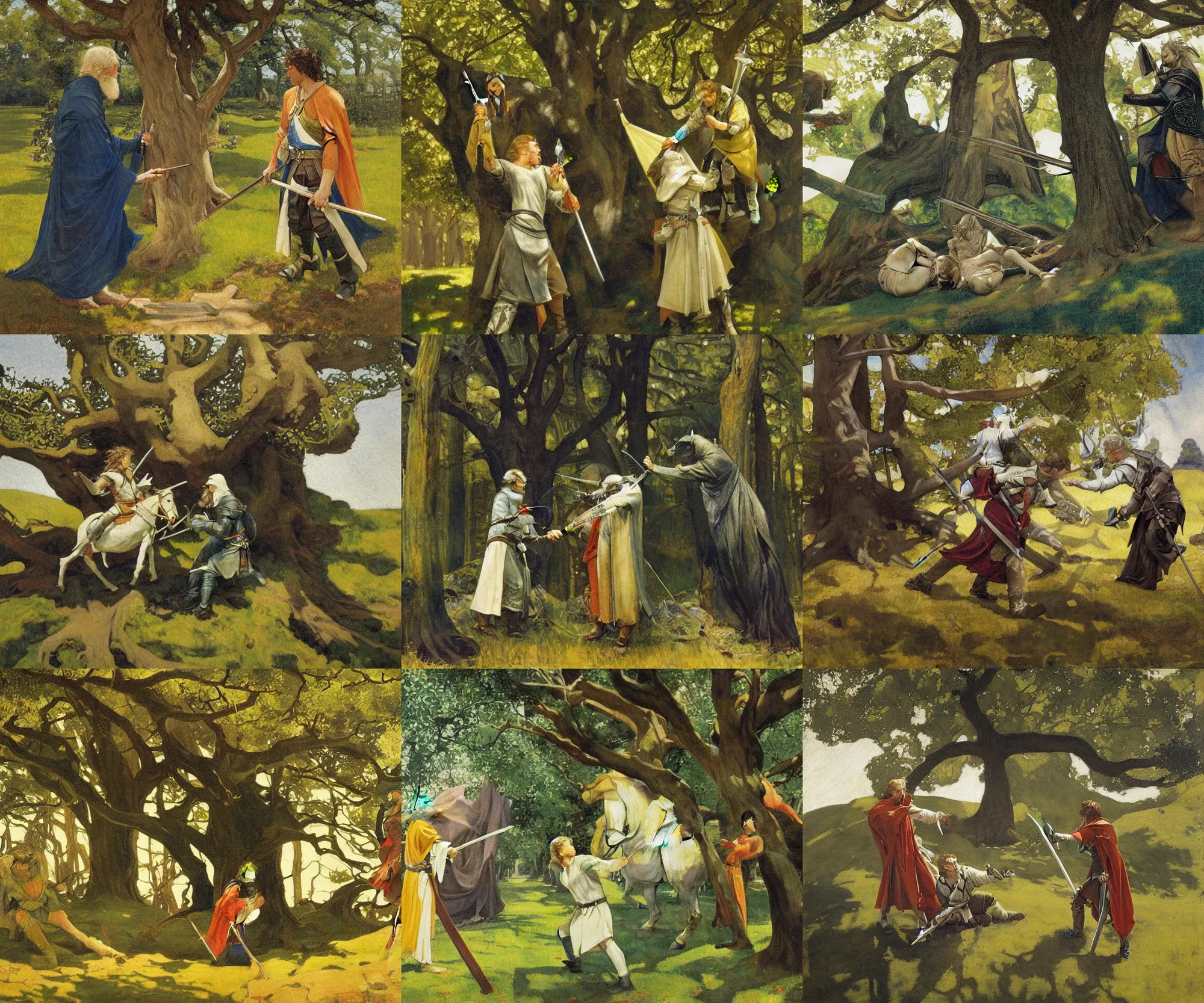 Prompt: a painting of king arthur and mordred duelling beneath a tree by n. c. wyeth, highly detailed, oil on canvas