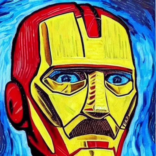 Prompt: roger waters as iron man close up portrait in the style of van gogh