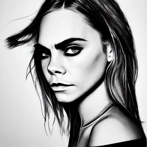 Image similar to minimalistic black and white portrait of cara delevigne, ink on canvas, trending on artstation, eyes, eyebrows, nose, lips, detailed, art