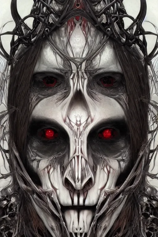 Image similar to Elden Ring and Doom themed painting of majestic chromatic biomechanical anatomical undead warrior hybrid beautiful ethereal angel symmetrical neutral black metal corpsepaint mask closeup face tattoo pattern golden ratio concept, Neo-Gothic concept, infinity glyph waves, intricate artwork masterpiece, very coherent artwork, cinematic, full frontal facial features by Artgerm, art by H.R. Giger, Joseph Michael Linsner, Zdizslaw Beksinski, Johnatan Wayshak, Moebius, Ayami Kojima, very anatomically coherent artwork, trending on cgsociety, ultra high quality model, production quality cinema model, high detail chromatic ink outline, octane render, unreal engine 8k, hyper realism, high detail, octane render, unreal engine, 8k, High contrast