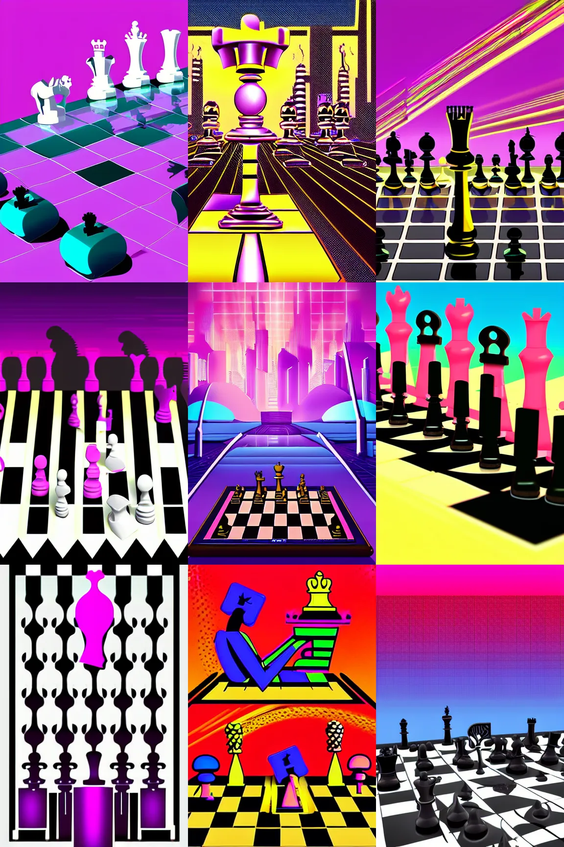 Prompt: surreal chess, 80s style synthwave, matte colors, digital art