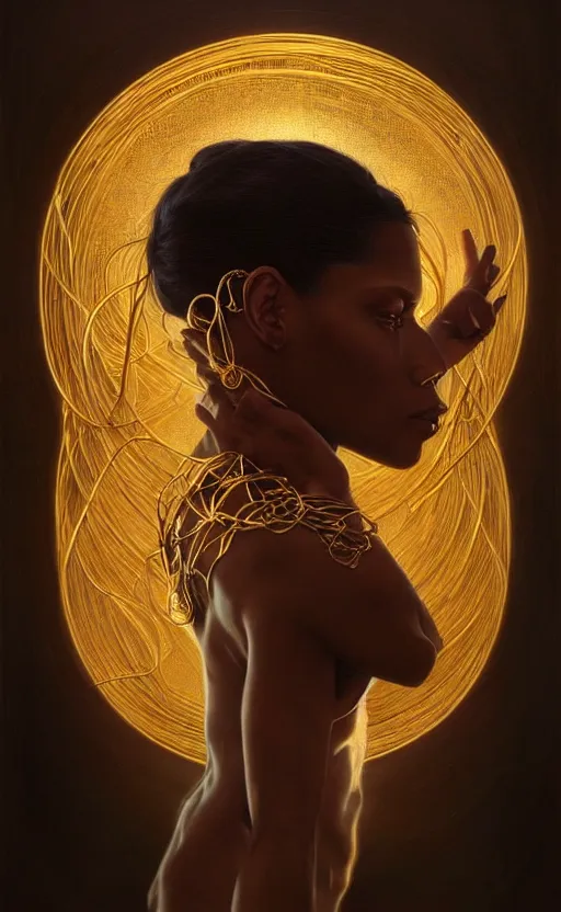 Image similar to portrait of a dark goddess, gold wires, visible veins, intricate, headshot, highly detailed, digital painting, artstation, concept art, sharp focus, cinematic lighting, illustration, art by artgerm and greg rutkowski, alphonse mucha, cgsociety