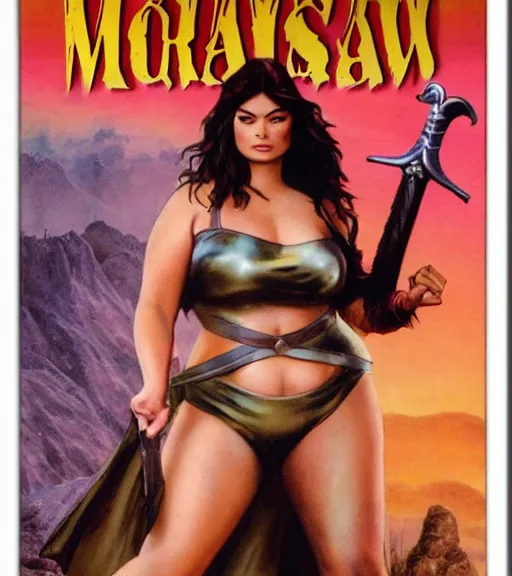 Image similar to 1 9 8 0 s fantasy novel book cover, bbw plus size amazonian miranda cosgrove in extremely tight bikini armor wielding a cartoonishly large sword, exaggerated body features, dark and smoky background, low quality print