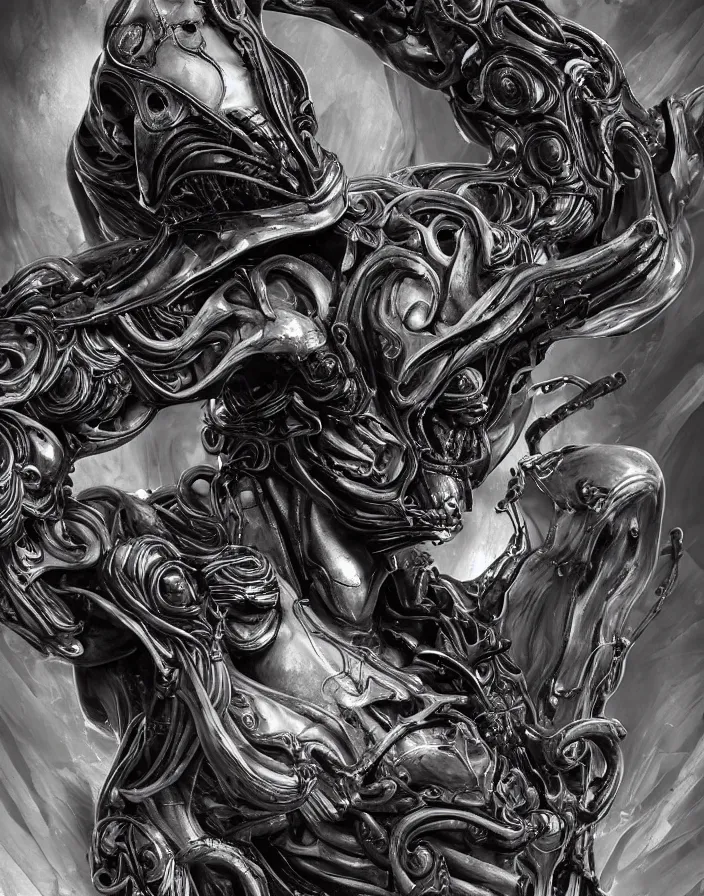 Image similar to engineer prometheus face by Artgerm, xenomorph alien, highly detailed, symmetrical long head, smooth marble surfaces, detailed ink illustration, raiden metal gear, cinematic smooth stone, deep aesthetic, concept art, post process, 4k, carved marble texture and silk cloth, latex skin, highly ornate intricate details, prometheus, evil, moody lighting, hr geiger, hayao miyazaki, indsutrial Steampunk