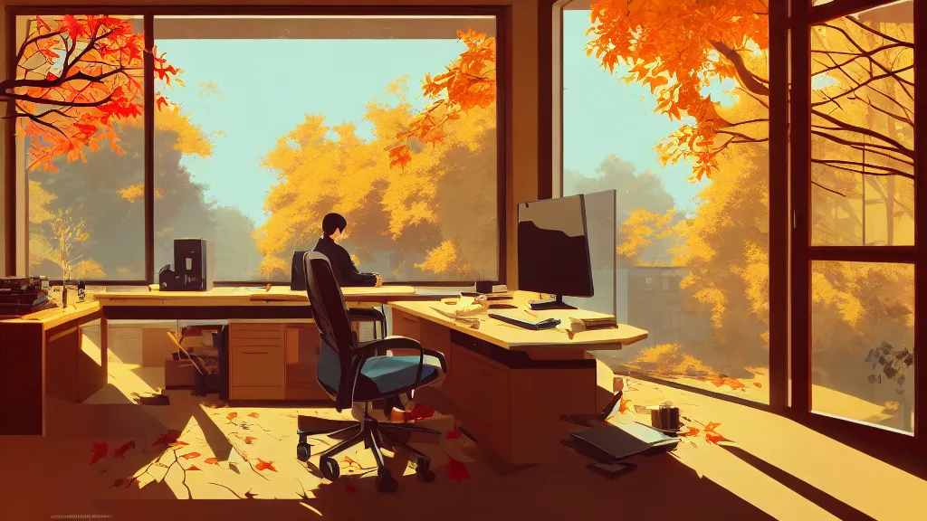 Prompt: interior of a home office in autumn, warm colors, drifts of leaves everywhere, dynamic shadows, dynamic lighting, dynamic colors, ilya kuvshinov, kyoani, hiroaki samura, yoshinari yoh, james jean, katsuhiro otomo, erik jones, cel shaded, anime poster