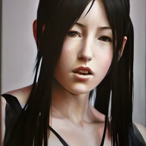 Prompt: a photorealistic painting of Tifa Lockhart it captures every detail of the artist’s female subject, such as the soft skin, flowing hair, and textured cottagecore clothing. Yasumoto Oka