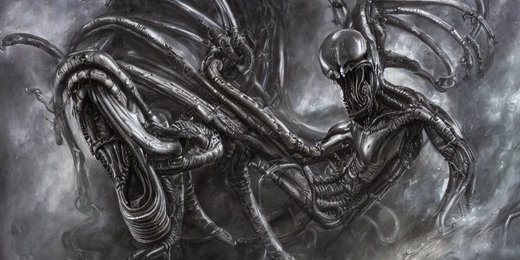 Image similar to painting of xenomorph in the style of HR Giger, movie scene, volumetric fog, slimy skin