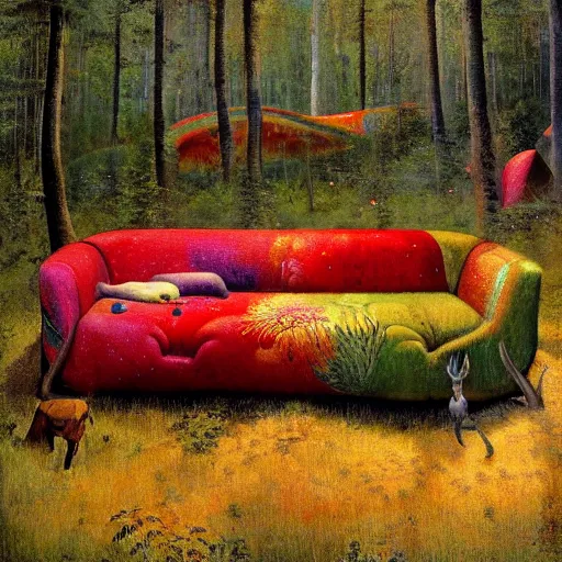 Image similar to psychedelic couch sofa in the lush pine forest, milky way, moose antlers, designed by arnold bocklin, jules bastien - lepage, tarsila do amaral, wayne barlowe and gustave baumann, cheval michael, trending on artstation, star, sharp focus, colorful refracted sparkles and lines, soft light, 8 k 4 k