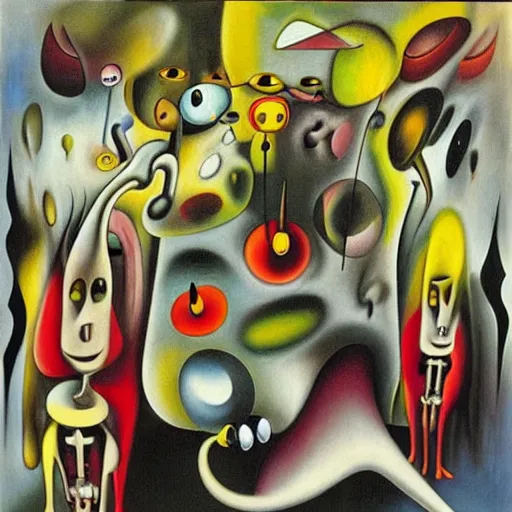 Image similar to Oil painting by Roberto Matta. Strange mechanical beings kissing. Portrait by Takashi Murakami. Yves Tanguy.