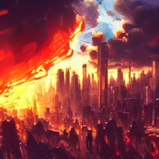 Image similar to Bob Ross style painting of androids conquering a cityscape on fire, 4K resolution, octane render, low angle perspective, high quality, cyberpunk mecha warrior, breathtaking composition