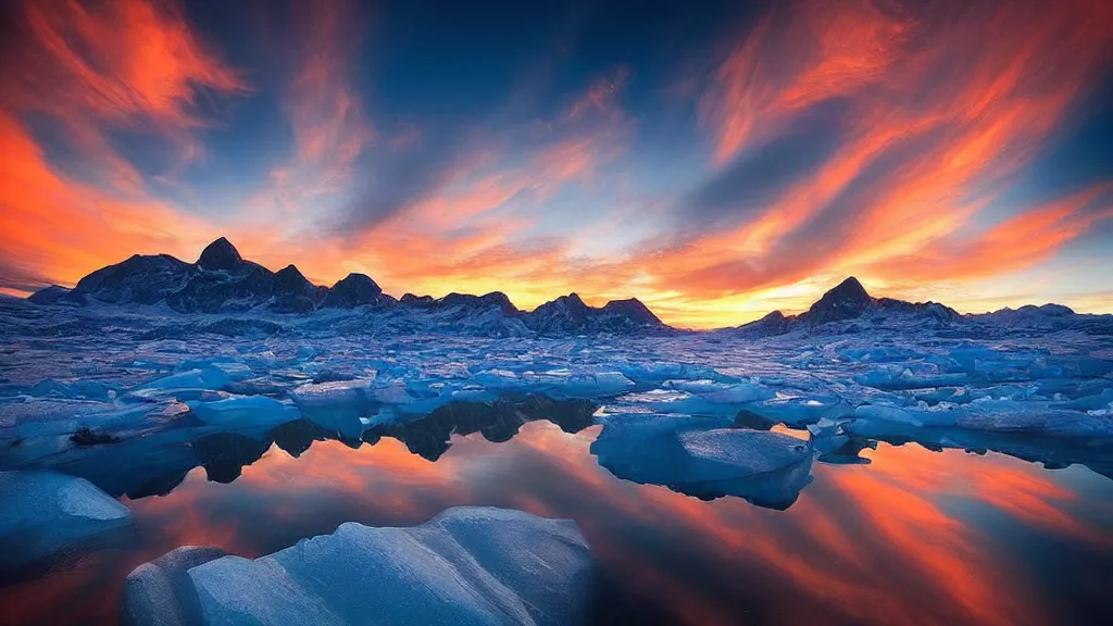 Prompt: amazing landscape photo of greenland in sunset by marc adamus, beautiful dramatic lighting