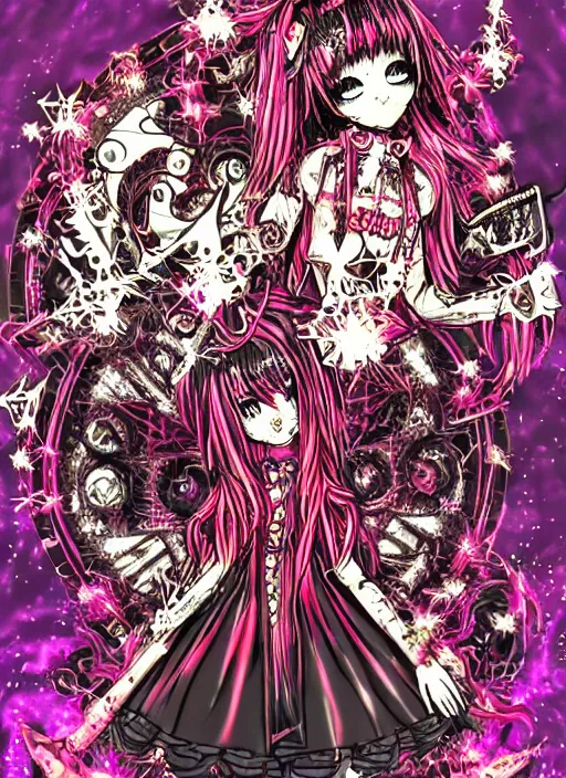 Image similar to spiked bloodmoon sigil stars draincore, goregrind album cover, baroque bedazzled gothic royalty frames surrounding a hellfire hexed witchcore aesthetic, dark vhs broken hearts, neon glyphs spiked pixelsort fairy kei decora doll by guro manga artist Shintaro Kago