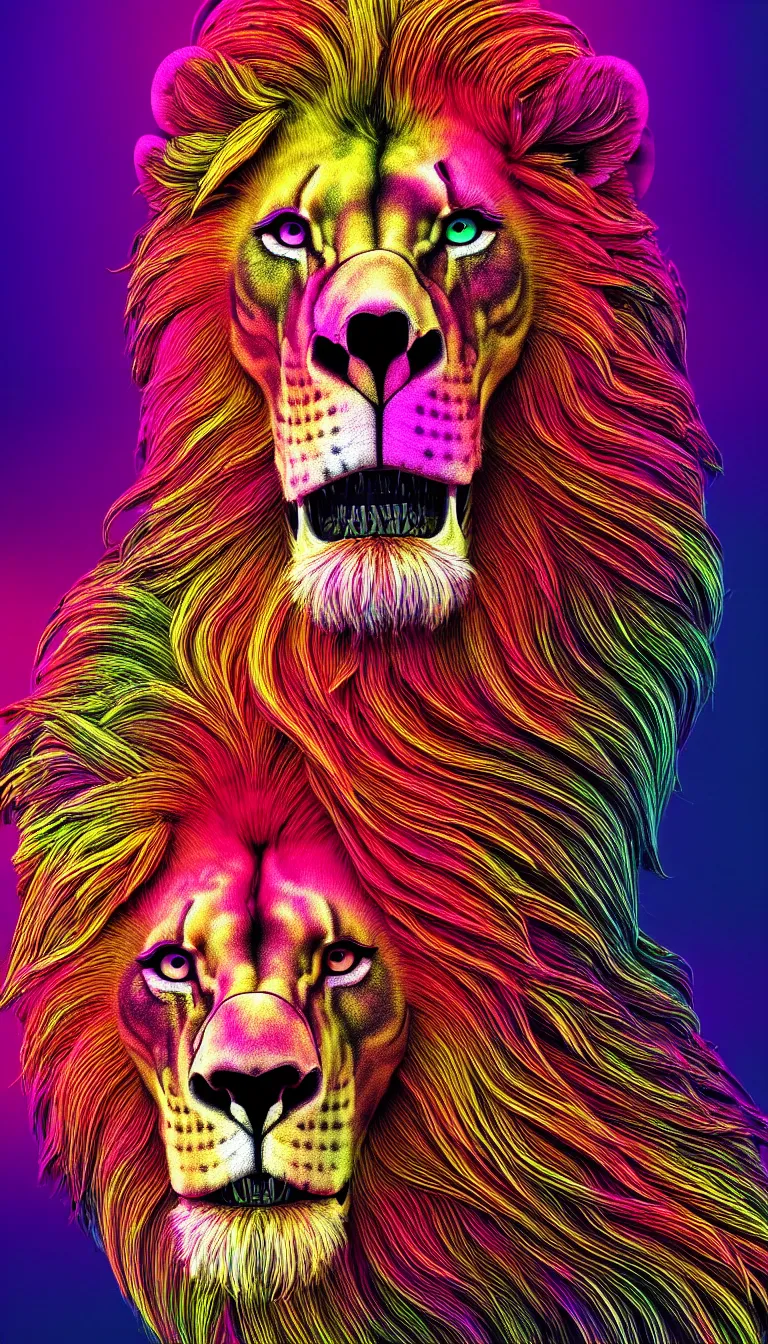 Prompt: highly detailed photo of psychedelic lion skull in the style of Greg Rutswoski, concept art, 8K detail post-processing