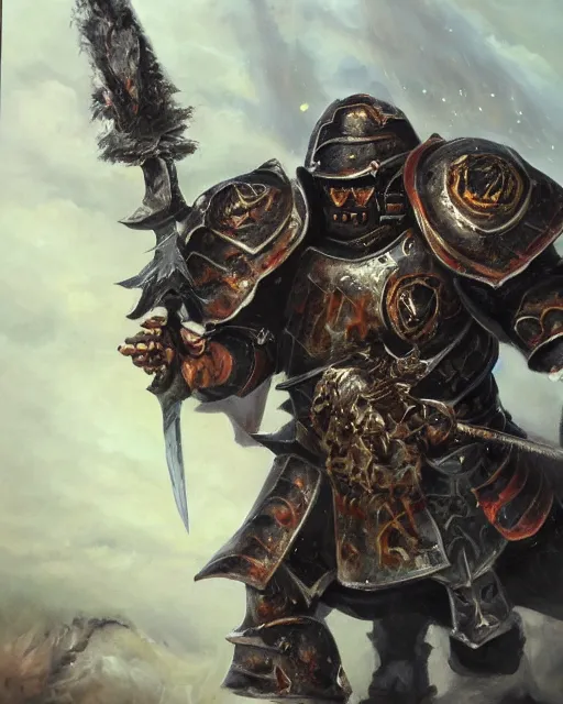 Image similar to an oil painting of heavily armoured warhammer chaos warrior