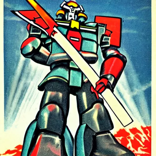 Image similar to detailed soviet propaganda poster of a gundam holding a pickaxe