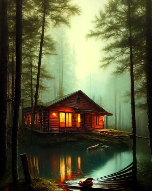 Image similar to a hyper - detailed 3 d render like an oil painting of cabin in the woods floating inside our own consciousness!!!!! surreal concept art, lifelike, photorealistic, digital painting, aesthetic, smooth, sharp focus, artstation hd, by greg rutkowski, bruce pennington, valentina remenar, rhads, asher duran,