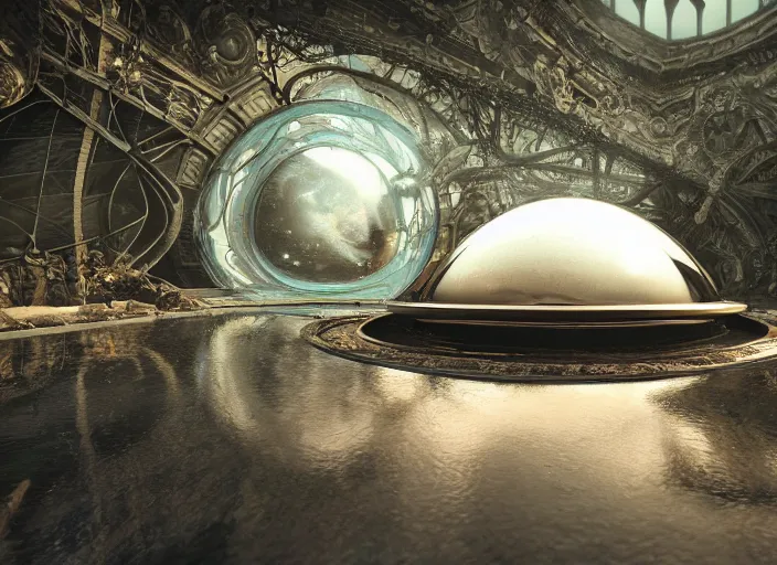 Image similar to abandoned giant ufo on a humongous paradise biome, fantasy, ornate, hyper realism, wet reflections, intricate, digital art, detailed, studio shot, unreal engine 5, octane, high definition, smooth, artstation, behance