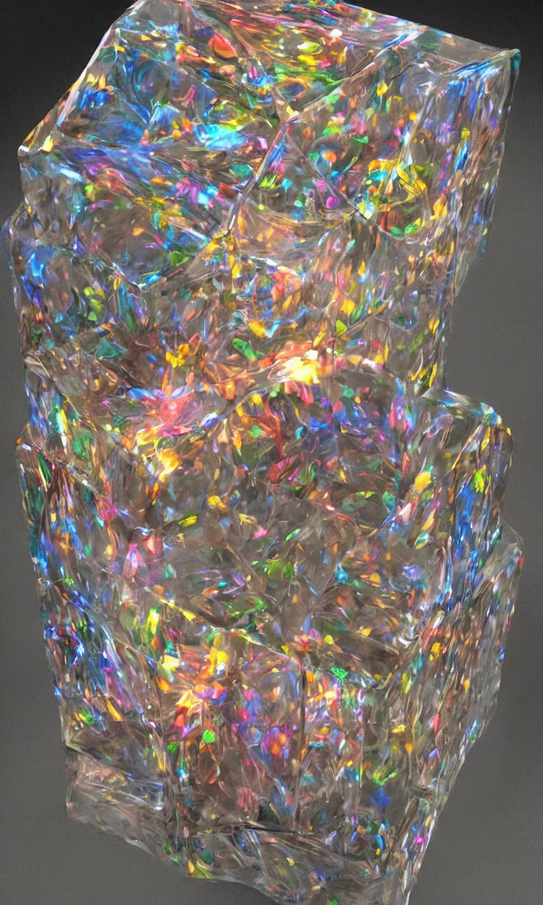 Prompt: glass colorful tesseract in resin, high detail, small features, from new movie by digital domain and weta digital, strong ambient occlusion