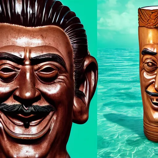 Image similar to a closeup photorealistic photograph of smiling salvador dali at trader vic's bar sitting next to a trader vic's style tiki mug featuring the face of salvador dali. tiki culture. bright scene. 4 k hd image that's trending on artstation, featured on behance, well rendered, extra crisp, features epic composition and the style of unreal engine.