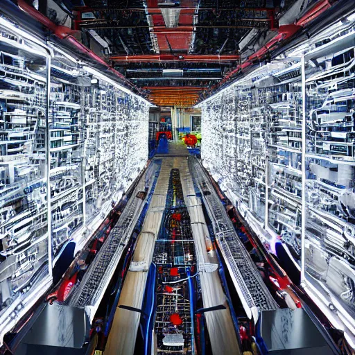 Image similar to diverse groups of humans building the insides of supercomputers, from behind, wide angle, elaborate, highly detailed, beautiful lighting