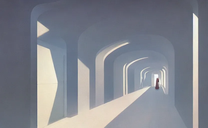 Image similar to A white futuristic modern corridor, very coherent, painted by Edward Hopper, Wayne Barlowe, painted by James Gilleard, airbrush, art by JamesJean