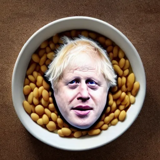 Image similar to boris johnson baked into a bowl of beans