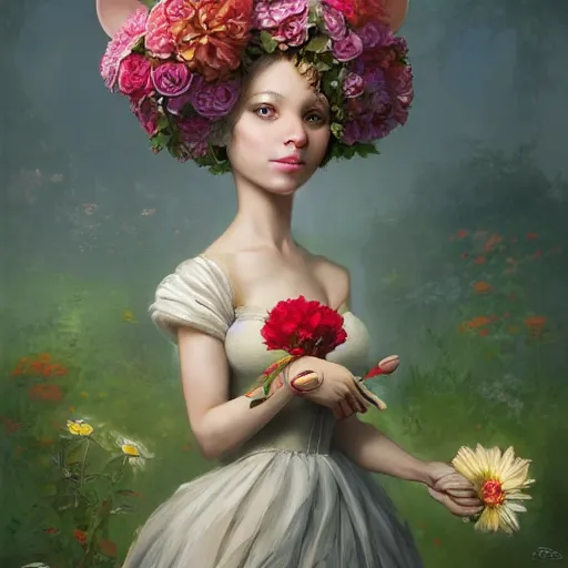 Image similar to an anthropomorphic mouse girl wearing a ball gown and holding a flower, garden, summer, 8k resolution matte fantasy painting, cinematic lighting, DeviantArt, Artstation, Jason Felix Steve Argyle Tyler Jacobson Peter Mohrbacher