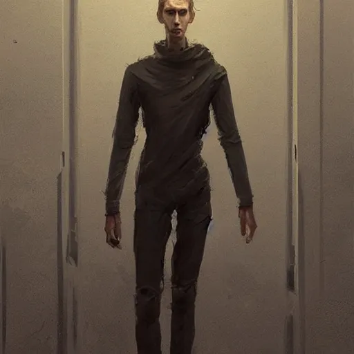 Image similar to concept art by greg rutkowski, a very tall and slender young man, dressed in patient clothes and an open sweatshirt, wandering through a desolate futuristic hospital, dimly lit, frightening, scifi, highly detailed portrait, digital painting, artstation, concept art, smooth, sharp foccus ilustration, artstation hq