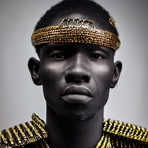 Image similar to a portrait of a beautiful young congolese male wearing an alexander mcqueen armor , photographed by andrew thomas huang, artistic