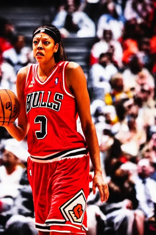 Image similar to candace parker in bulls jersey, high contrast, high saturation cinematic film still