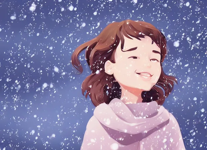 Prompt: little girl with short wavy curly light brown hair catching snowflakes in the snow. clean cel shaded vector art. shutterstock. behance hd by lois van baarle, artgerm, helen huang, by makoto shinkai and ilya kuvshinov, rossdraws, illustration, art by ilya kuvshinov