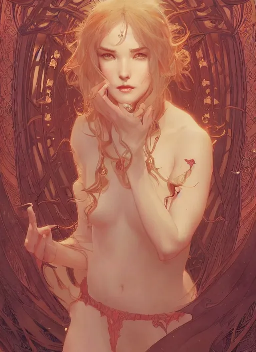 Image similar to a beautiful cute young demon princess, D&D, fantasy, intricate, cinematic lighting, highly detailed, digital painting, artstation, concept art, smooth, sharp focus, illustration, art by Terry Moore and Greg Rutkowski and Alphonse Mucha