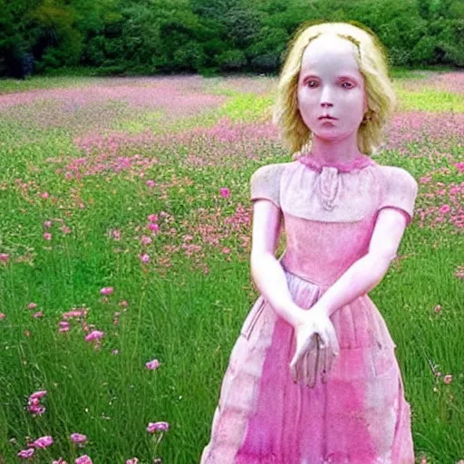 Image similar to A sculpture of a young girl with blonde hair, blue eyes, and a pink dress. She is standing in a meadow with flowers and trees. YouTube by Guo Pei, by Tom Chambers