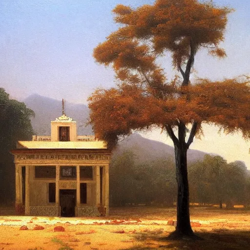 Prompt: a painting of a building with a tree in the foreground, an oil painting by jean - leon gerome, reddit contest winner, american scene painting, oil on canvas, chiaroscuro, panorama