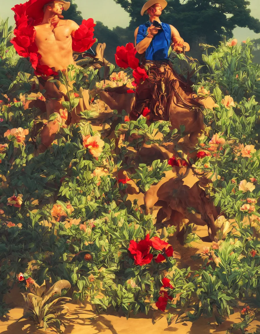 Prompt: a cowboy turning into blooms in real life. volumetric lighting, beautiful, golden hour, sharp focus, ultra detailed. bold vibrant complementary colors. a cowboy with plants by frank frazetta, kai carpenter, syd mead. tropical sea slugs. 4 k, 3 5 mm, fujifilm, by antonio canova. colorful red white jade