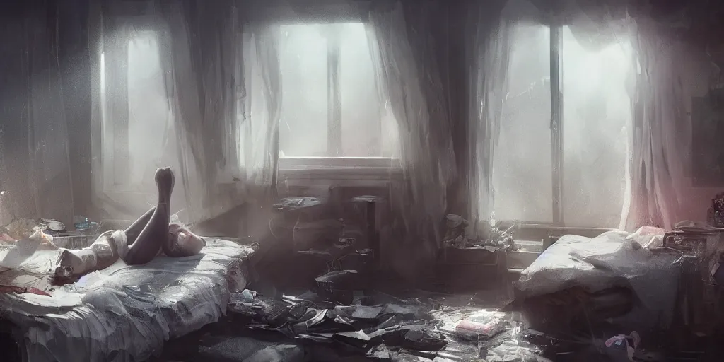 Prompt: an environmental concept art of an angsty female teen, laying on the bed in her cluttered bedroom, highly detailed, cinematic, dramatic lighting, close shot by francis tneh