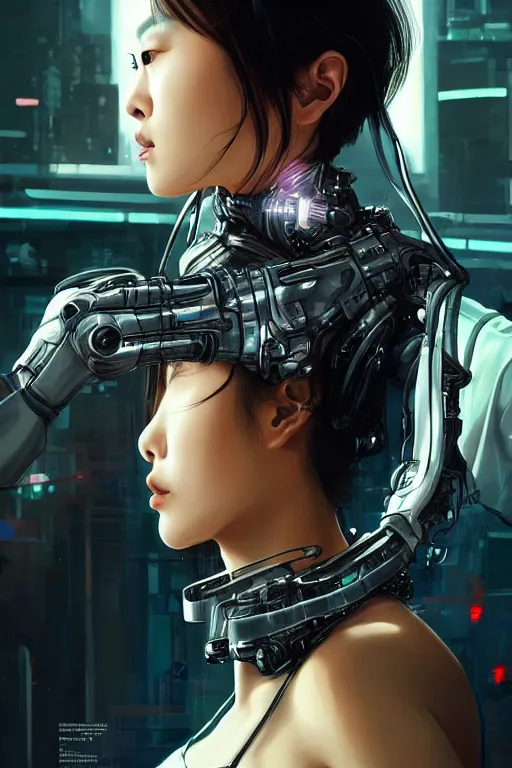 Image similar to Photorealistic illustration, 3/4 view of Korean fashion model with cybernetic neck, cyberpunk 2077, sci-fi, futuristic, intricate, elegant, highly detailed, digital painting, artstation, concept art, smooth, sharp focus, art by artgerm, greg rutkowski and alphonse mucha