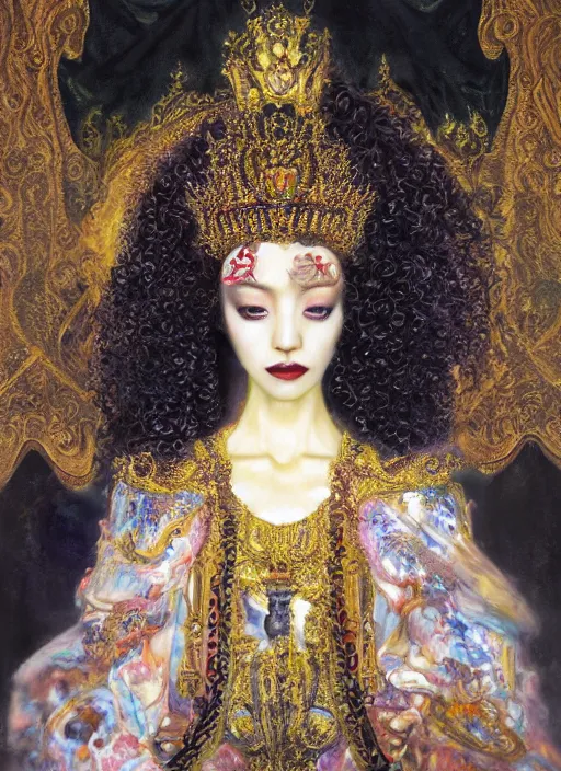 Image similar to oil painting of portait Queen of Ecstasy in a large throne room, Hungarian, curly black hair, by Yoshitaka Amano