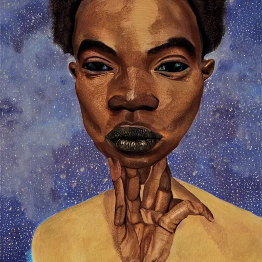 Image similar to a painting of a elegant, well fed, smooth-chinned, long nose, African elder with few eyebrows by Wangechi Mutu . thinker without facial hair, thoughtful, focused, visionary, calm, jovial, loving, fatherly, generous, . dramatic angle, ethereal lights, details, smooth, sharp focus, illustration, realistic, cinematic, artstation, award winning, rgb , unreal engine, octane render, cinematic light, macro, depth of field, blur, red light and clouds from the back, highly detailed epic cinematic concept art CG render made in Maya, Blender and Photoshop, octane render, excellent composition, dynamic dramatic cinematic lighting, aesthetic, very inspirational, arthouse.