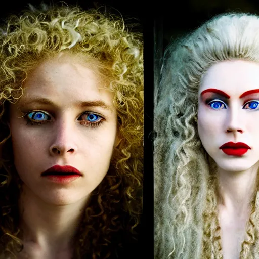 Image similar to a beautiful english woman with a long face narrow nose pale skin blue eyes red lips and wild messy tangles of curly white blonde hair, high resolution film still, sandy, a journey to the west