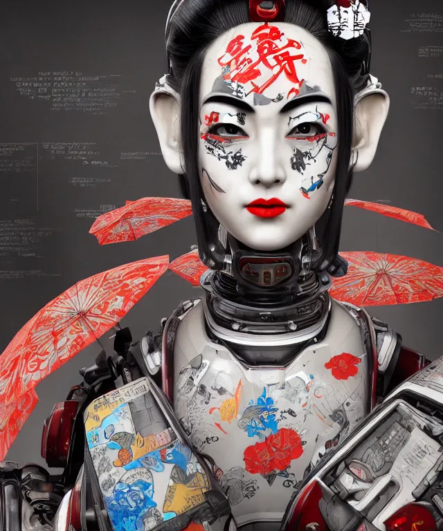 Image similar to an epic fantastic realism comic book style portrait painting of a japanese robotic geisha with kanji tattoos and decals, apex legends, octane render, intricate detail, 4 k hd, unreal engine 5, ex machina, irobot